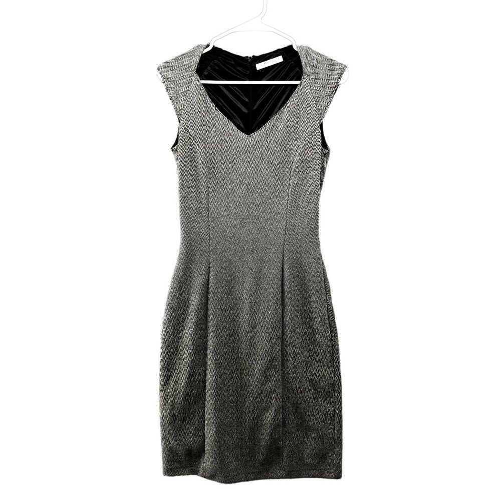 Mango Suit Sheath Dress Sizd 4 Gray Herringbone Cap Sleeve V Neck Pleated Career